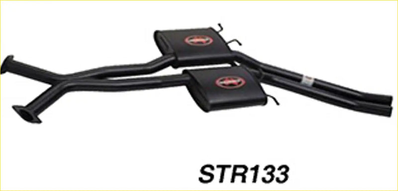 Black dual exhaust system with rectangular mufflers and redback logos for holden commodore rear view