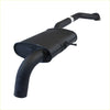 Black metal exhaust manifold with curved pipes and rectangular housing for redback 2.5 center muffler assembly back view