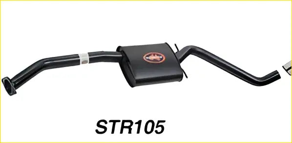 Black exhaust system showing back side with central rectangular muffler and circular logo for redback 2.5 inch holden commodore vp vs