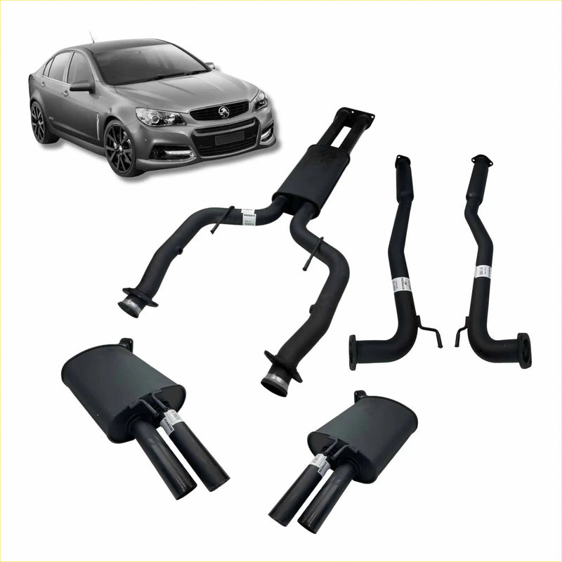 Black redback 2.5 inch dual exhaust system components for holden commodore ve vf sedan and wagon 6l shown from back