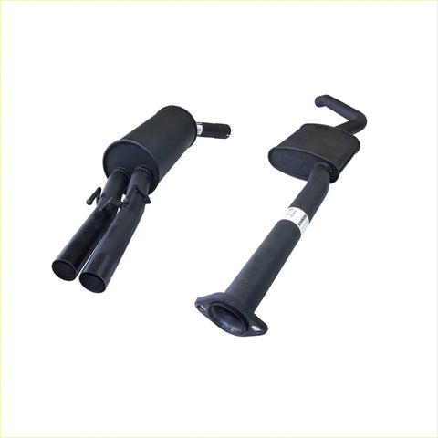 Black matte finish redback 2.5 inch dual exhaust with curved pipes for holden commodore sedan backside view