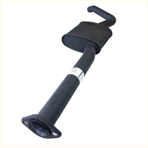 Black metal exhaust muffler with curved top and flanged base for redback 2.5 inch catback dual on holden commodore sedan