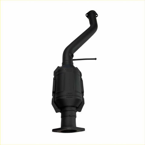 Black redback 2.5 inch performance catalytic converter with curved exhaust pipe and flanged ends for ford falcon ba bf back side