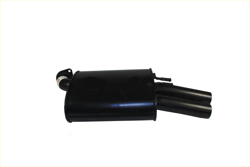 Black cylindrical glossy redback 2.5 inch performance left rear muffler with dual outlet pipes for holden commodore ve viewed from back