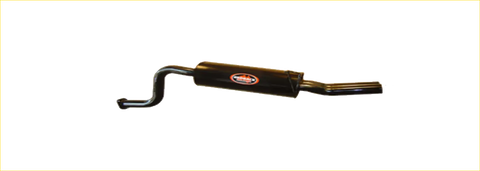 Black cylindrical redback 2.5 inch rear muffler with curved tailpipe and red logo for ford falcon ba bf ute back side