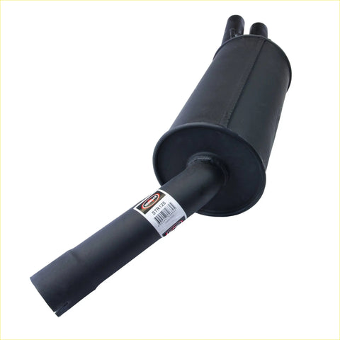 Black cylindrical redback 25 inch rear muffler with dual matte exhaust tips shown from the back for commodore vt