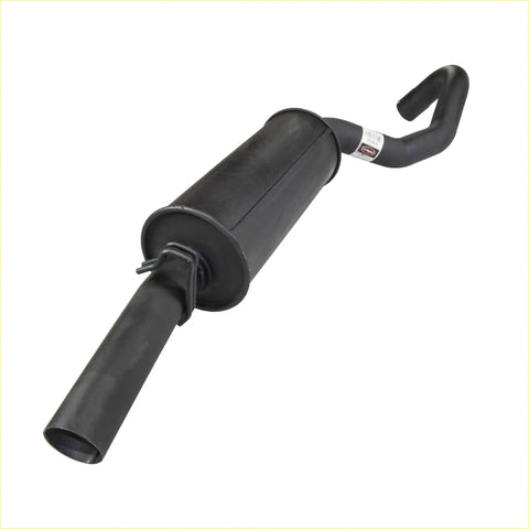 Black metal redback 2.5 inch tail pipe with muffler showing curved end and straight pipe for holden commodore ute back side