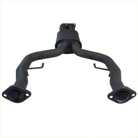 Black metal exhaust manifold with flanged ends and dual pipes for redback 3 inch dual exhaust holden commodore ute