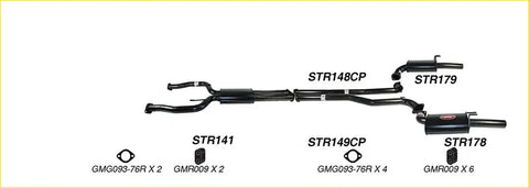 Black redback 3 inch dual exhaust system components with headers downpipes and mufflers for holden commodore ute