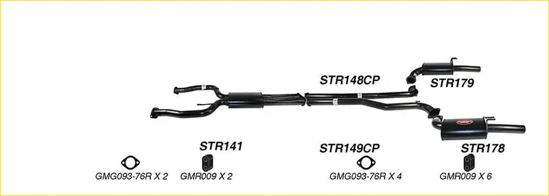 Black redback 3 inch dual exhaust system components with headers downpipes and mufflers for holden commodore ute