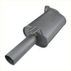 Gray metallic redback 3 inch rear exhaust muffler with cylindrical body and mounting brackets for holden commodore ve vf driver side