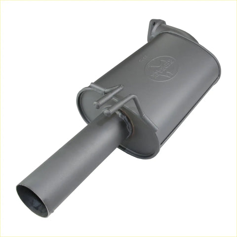 Gray metallic redback 3 inch rear exhaust muffler with cylindrical body and mounting brackets for holden commodore ve vf driver side