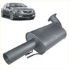 Black cylindrical redback 3 inch rear muffler for holden commodore ve vf passenger side with embossed branding seen from back