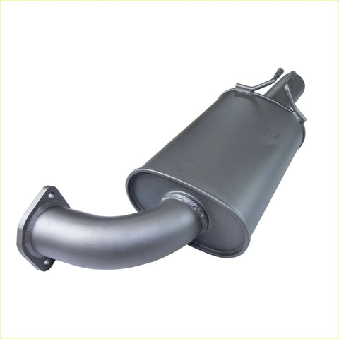Gray metallic redback 3 inch rear muffler with curved pipe and flanged bracket for holden commodore ve vf passenger side back view