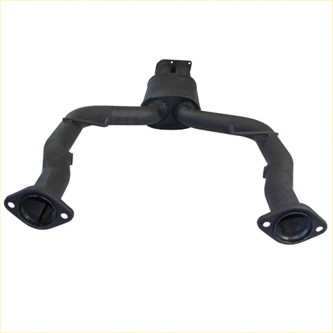 Black catalytic converter with flanged ends and central housing for redback 3 inch sports centre holden commodore ve