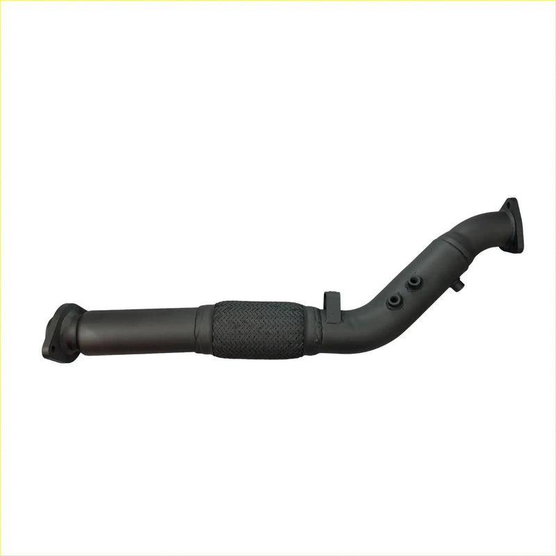 Black metal exhaust manifold with textured heat shield and flanged ends for redback 4x4 dpf adapter kit toyota landcruiser 79 back side