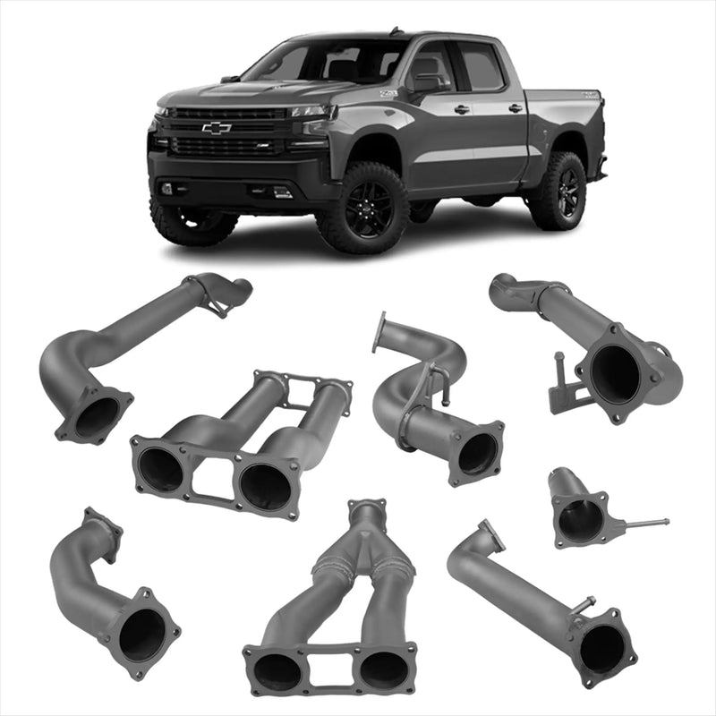 Gray metallic exhaust manifold components for redback 4x4 exhaust system on chevrolet silverado 1500 showing backside