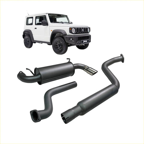 Black aftermarket redback 4x4 exhaust system with polished chrome tip for suzuki jimny 3 door models back view