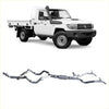 Silver metallic redback 4x4 extreme duty twin exhaust system for toyota land cruiser 70 series back side view