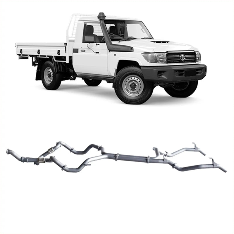Silver metallic twin exhaust manifold system for toyota land cruiser 70 series back side shown