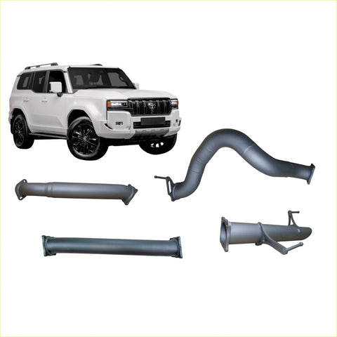 White toyota land cruiser prado with black wheels and redback 4x4 gray metallic exhaust system kit on the back side