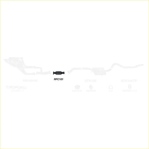 Black cylindrical catalytic converter with flanged ends labeled rpc101 from redback cats for holden commodore calais