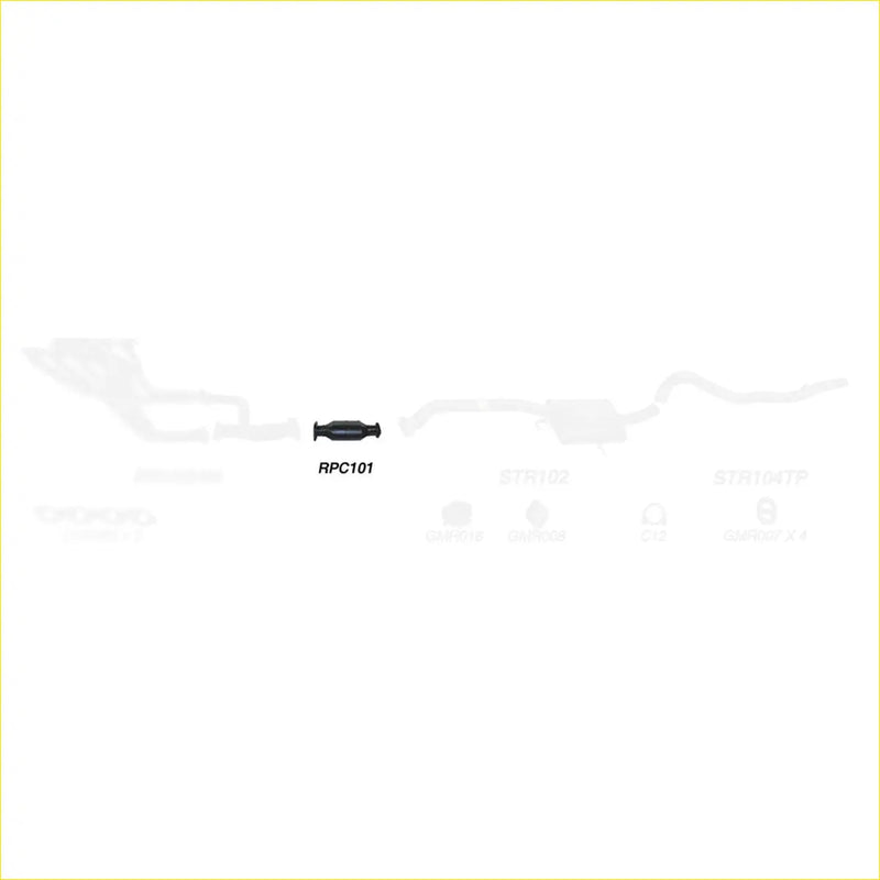 Black cylindrical catalytic converter with flanged ends labeled rpc101 from redback cats for holden commodore calais