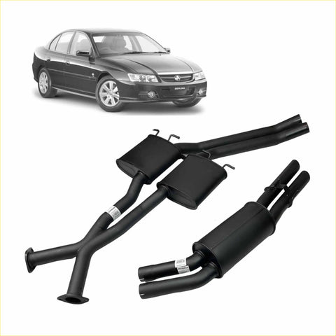Black redback dual 2.5 inch catback exhaust system with chrome accents shown from the back for holden commodore v8
