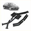 Black dual exhaust system with two rectangular mufflers and curved pipes for holden berlina sedan rear view