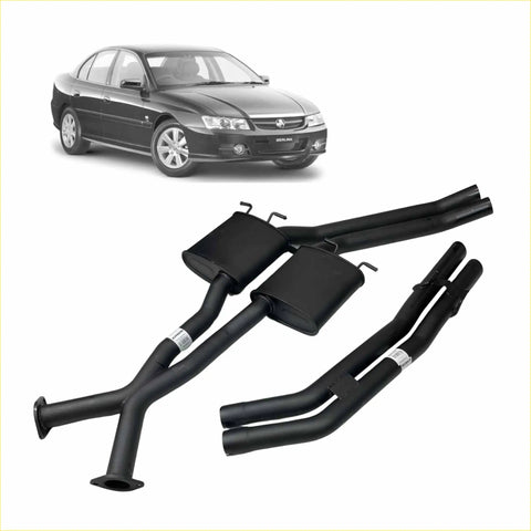 Black dual exhaust system with two rectangular mufflers and curved pipes for holden berlina sedan rear view