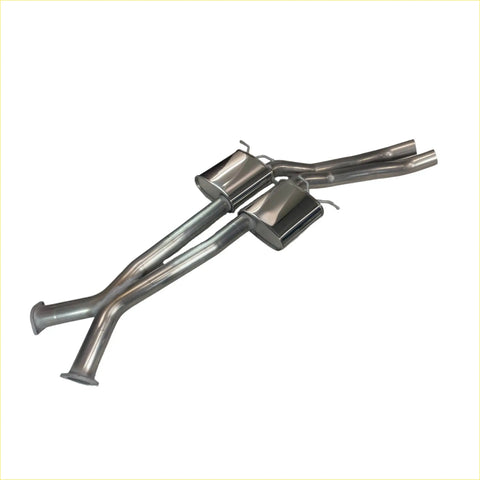 Back view of shiny chrome redback dual 3 inch 409 centre muffler with dual exhaust and curved piping for v8 sedans