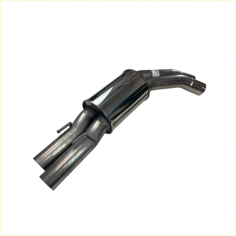 Shiny chrome-finished redback dual 3 inch 409 rear muffler with sleek curved dual-exhaust manifold for vt vx v8 sedan back view