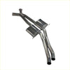 Back view of shiny chrome redback dual 3 inch catback exhaust with dual cylindrical mufflers and curved piping for holden