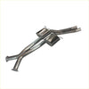 Back view of shiny chrome redback dual 3 inch catback exhaust with dual cylindrical mufflers for holden