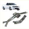 Rear view of shiny chrome redback dual 3 inch catback exhaust without rear muffler on white holden utility