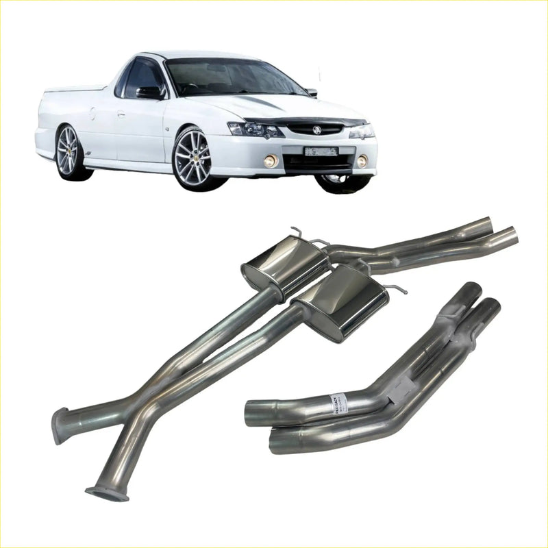 Rear view of shiny chrome redback dual 3 inch catback exhaust without rear muffler on white holden utility