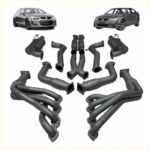 Black Redback dual 3-inch engine back exhaust with hotdogs for Holden Commodore shown from the back side