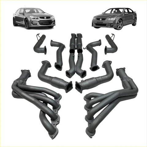 Black metallic redback dual 3 inch engine back exhaust with muffler delete for holden commodore shown from back side