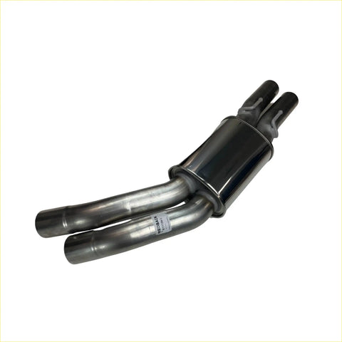 Back view of redback dual 3 inch rear muffler with black and silver polished exhaust manifold for holden commodore ute