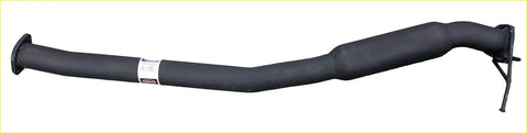Black metal Redback exhaust pipe with curved design and flanged ends from the 2.5 system showing back side