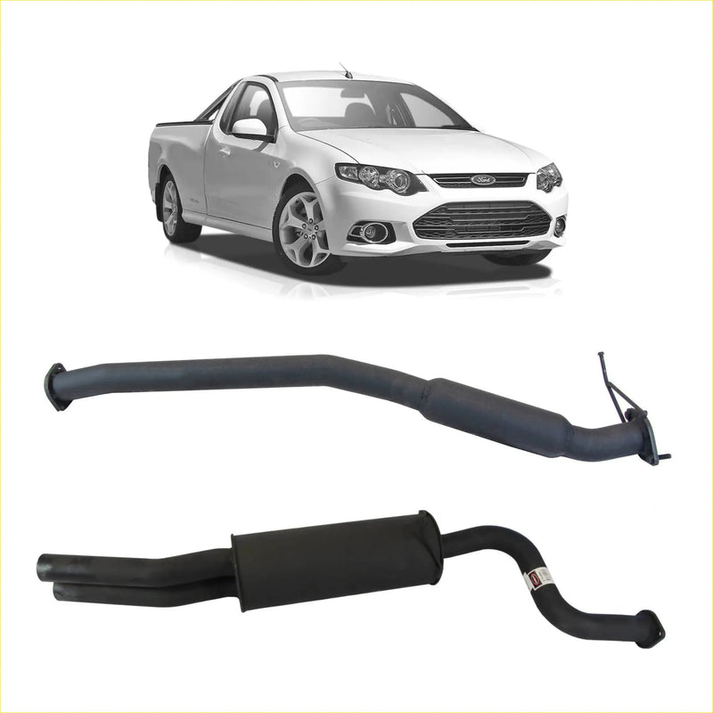 Black redback exhaust 2.5 inch system with hotdog centre for ford fg falcon ute shown from backside