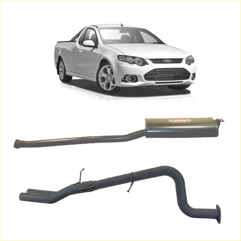 Silver ford ute with redback exhaust 25 inch black muffler centre and rear muffler shown from underside back view