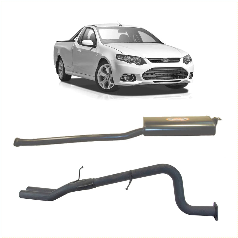 Silver ford ute with redback exhaust 25 inch black muffler centre and rear muffler shown from underside back view
