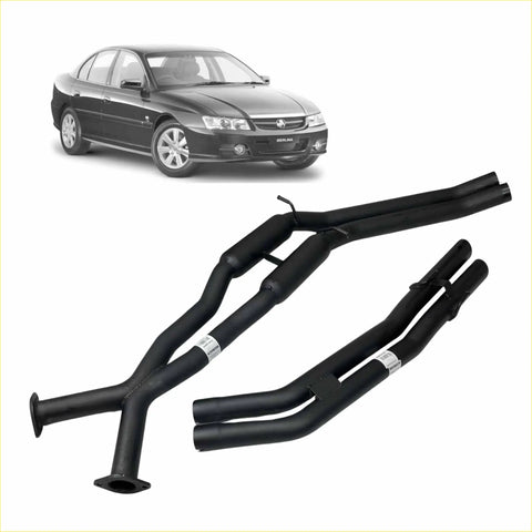 Black dual-exhaust manifold system showing back side for redback exhaust fit Holden Berlina and Commodore V8 V6 models