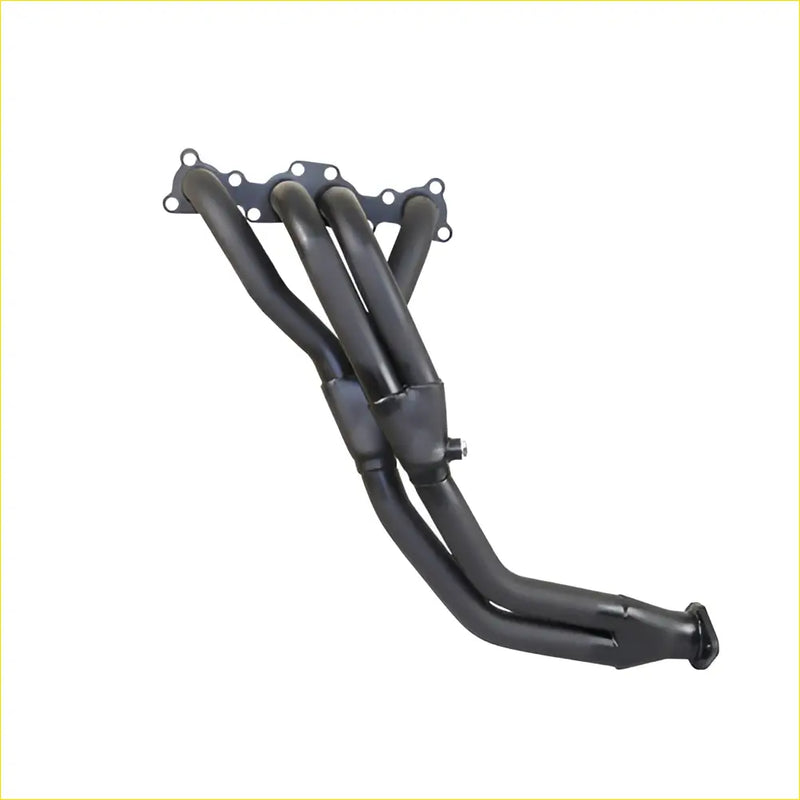 Black metal exhaust manifold with four tubes and flanged mounts for redback extractors ford courier mazda b2600