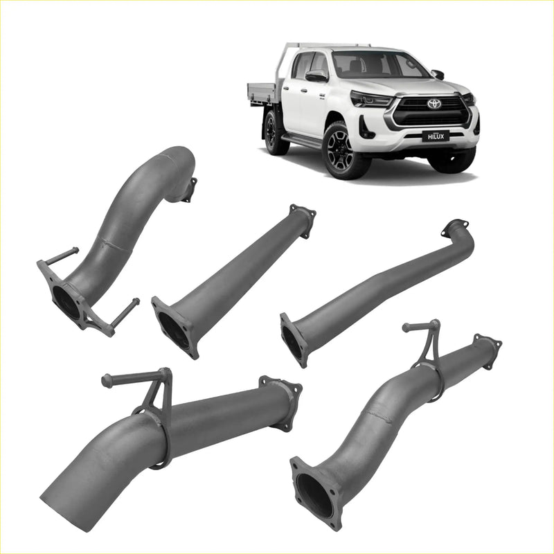 Gray metallic exhaust manifold components on the back side of redback extreme duty 3.5 inch dpf back exhaust for toyota hilux 2.8l