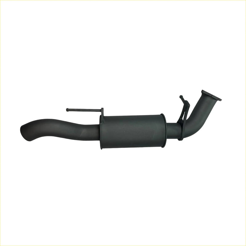 Black cylindrical Redback extreme duty 3 inch muffler with curved pipes for Chevrolet Silverado 1500 back side view