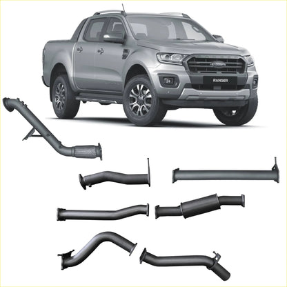 Silver ford ranger pickup with black redback extreme duty 3 inch turbo back exhaust components below it