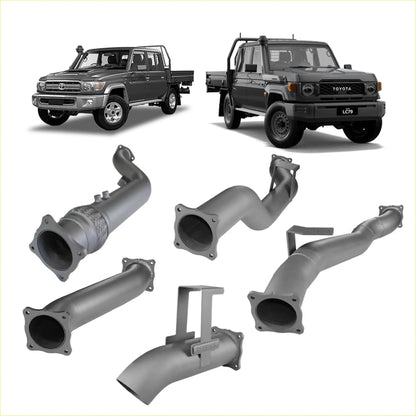 Gray metallic exhaust manifold of redback extreme duty 4 inch turbo back kit for toyota lc79 pickup trucks back side view