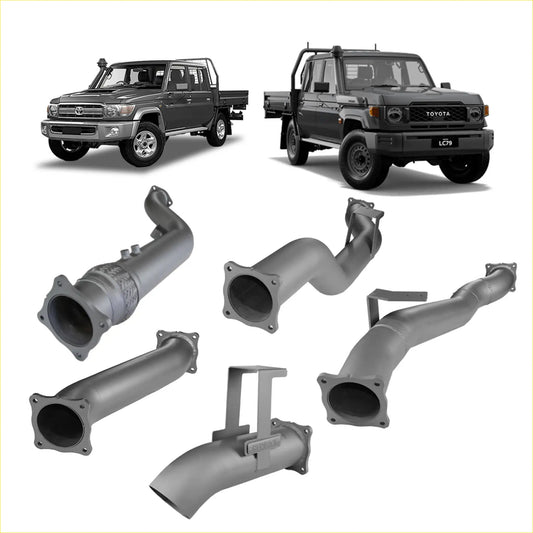 Gray metallic exhaust manifold of redback extreme duty 4 inch turbo back kit for toyota lc79 pickup trucks back side view